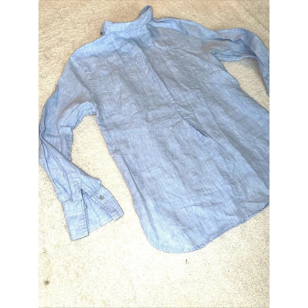 Linen Button Shirt Size 6 Long Sleeve Womens H&M Light Blue Lightweight - Picture 12 of 12